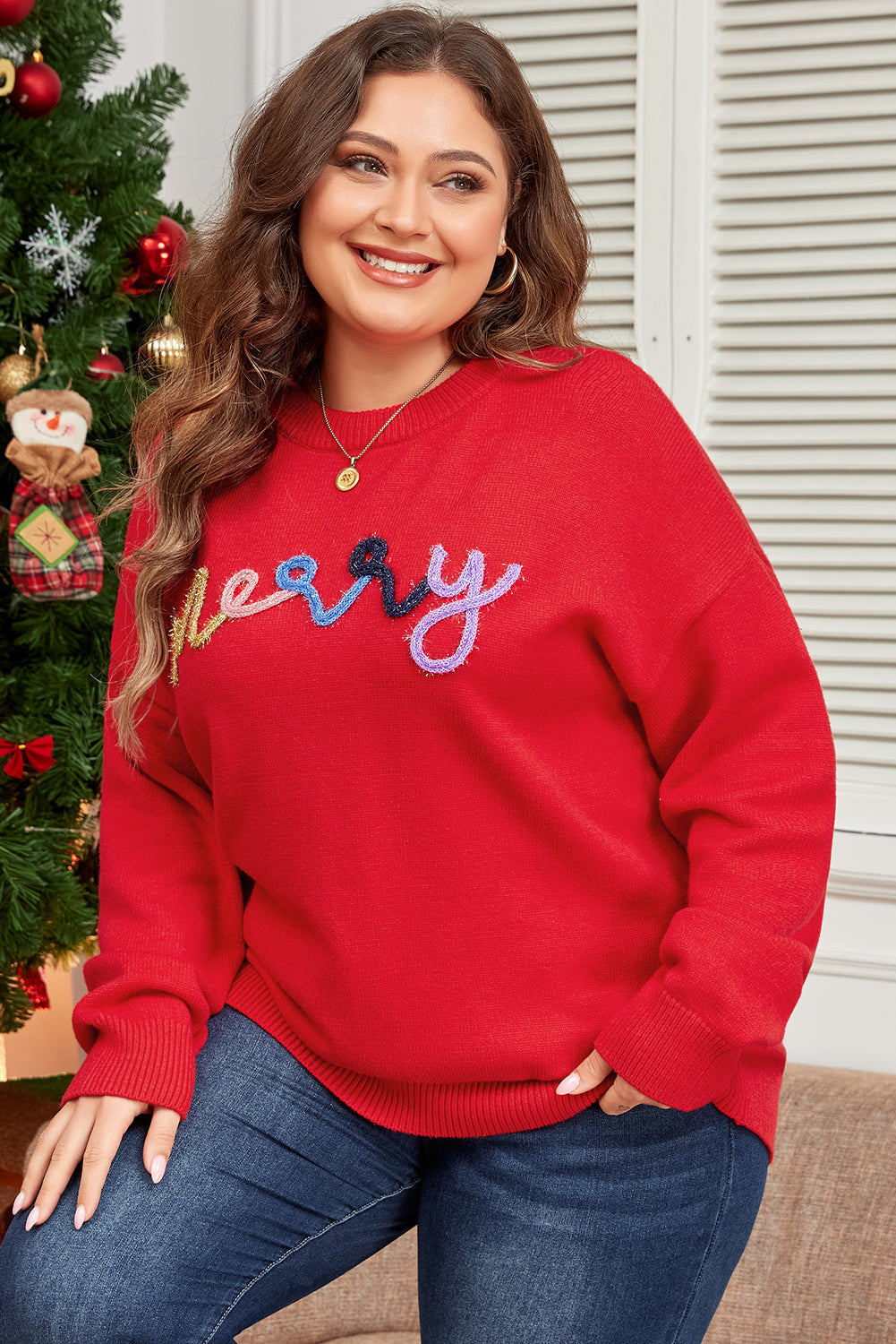Fiery Red Tinsel Pattern Drop Shoulder Plus Size Sweater Dear-Lover Dropshipping